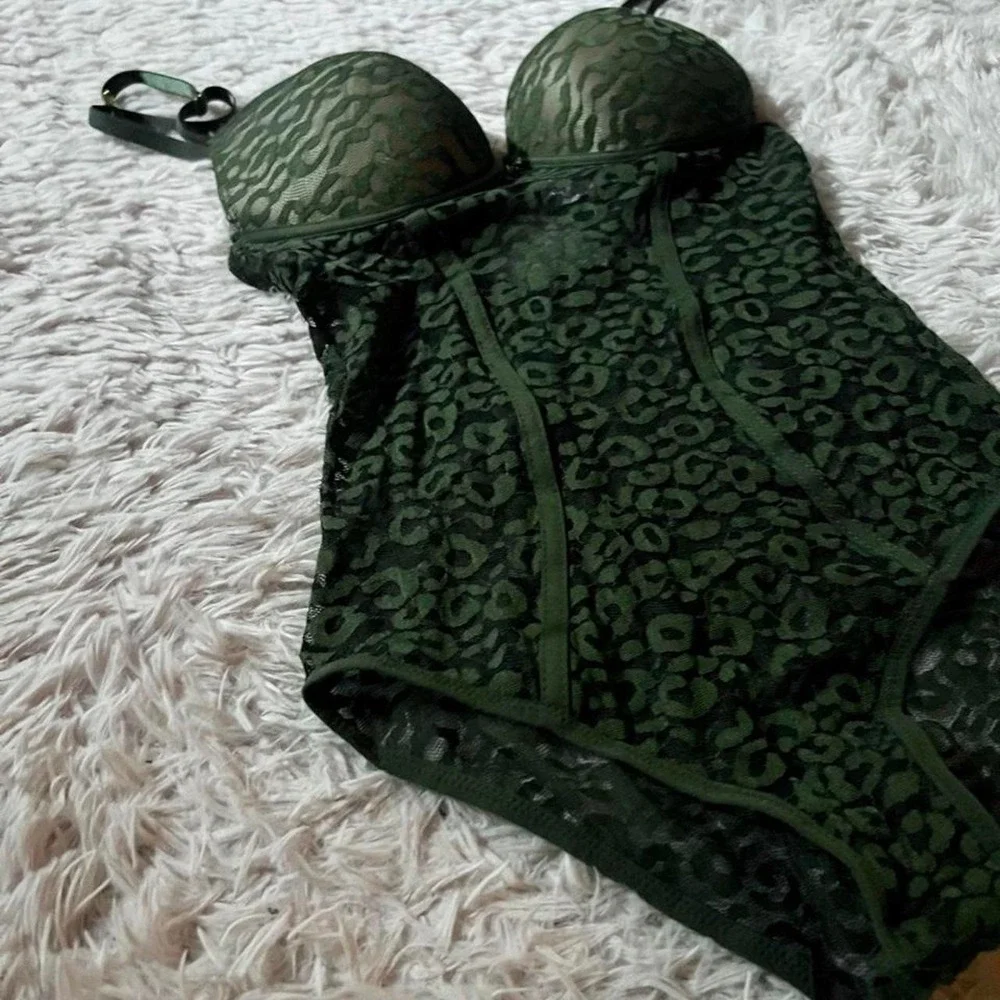 Rich Earthy Sheer Leopard Animal Print Y2K‎ Chic Bodysuit Lingerie Womens M Sexy